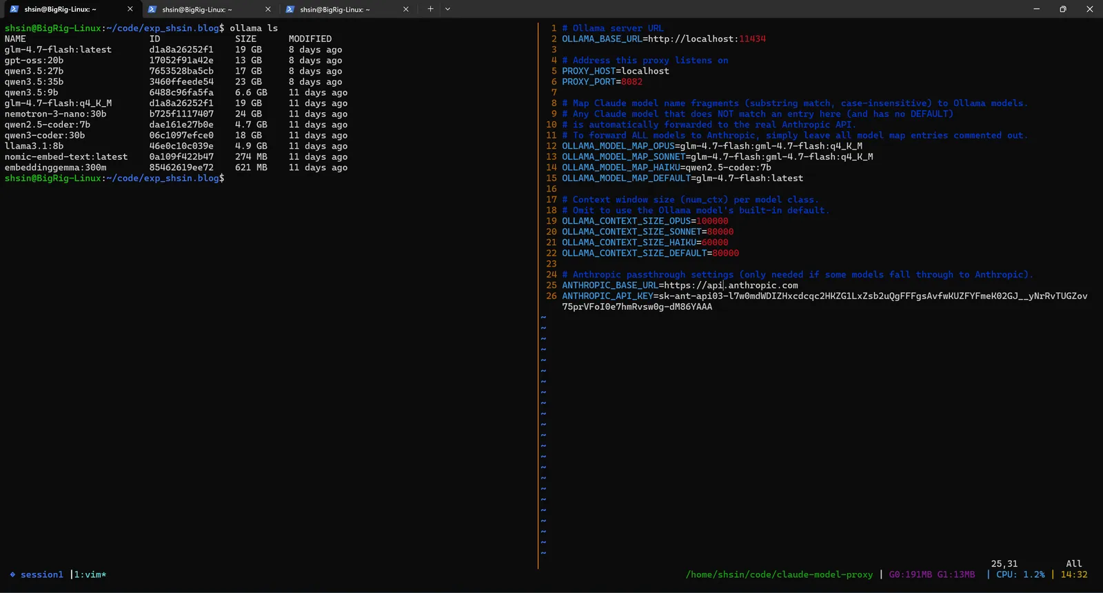 Ollama models and proxy configuration, mapping Claude tiers to local GLM-4.7-Flash q4_K_M