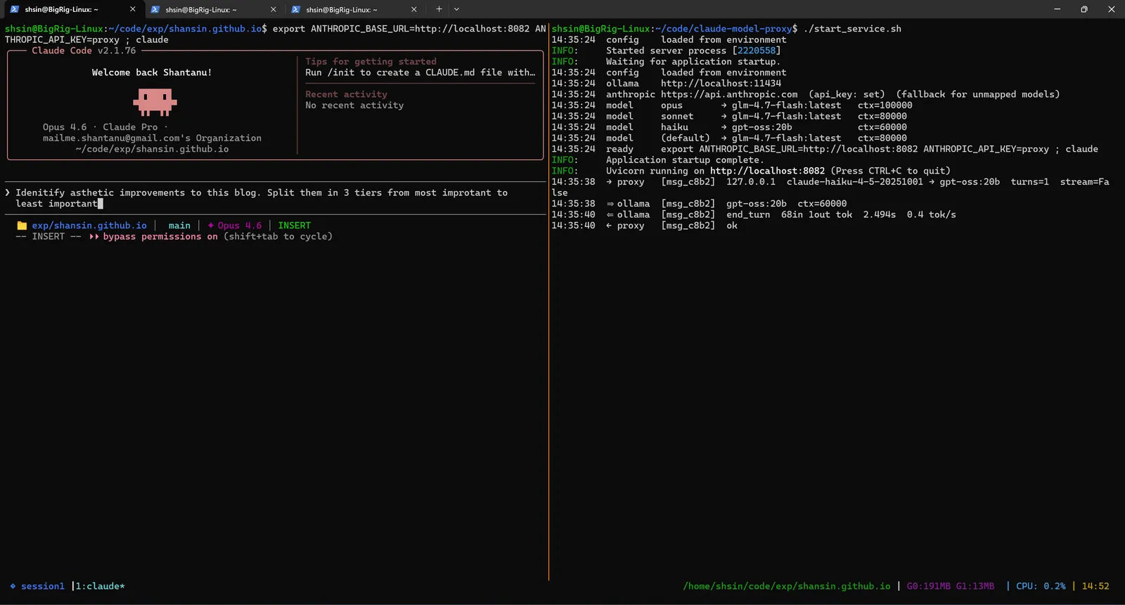 Claude Code launching through the proxy. The welcome screen looks identical, but requests route to Ollama