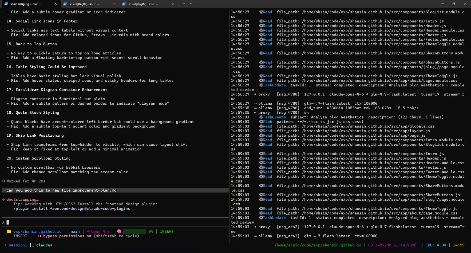 The agent analyzing the codebase and producing a 20-item improvement plan