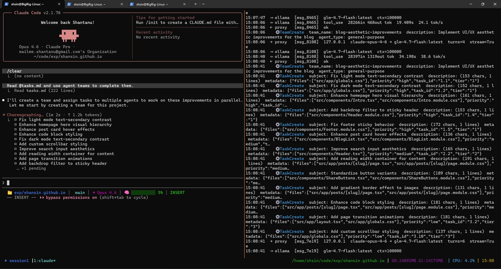 Tasks being dispatched to specialized sub-agents, TaskCreate calls visible