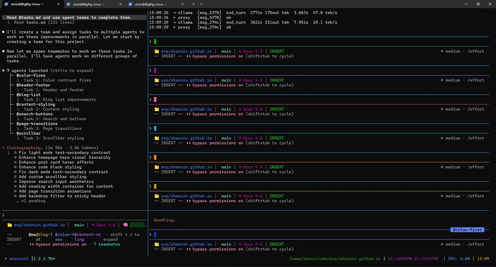 The multi-agent team view, 7 teammates running in parallel across different specialties