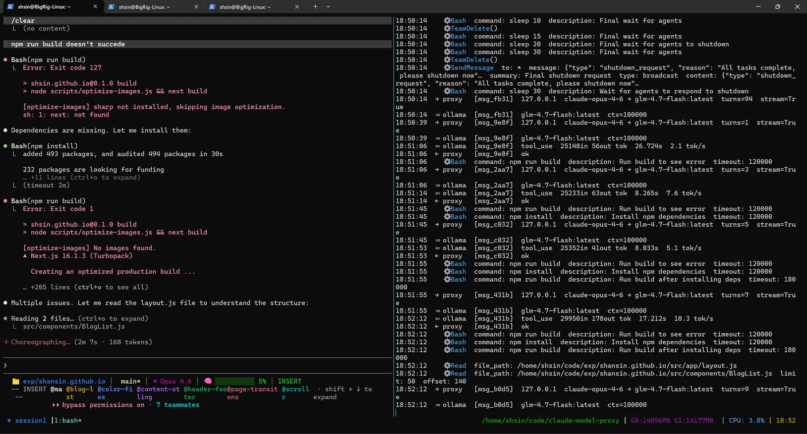Build failures, the lead agent diagnosing missing dependencies and duplicate code
